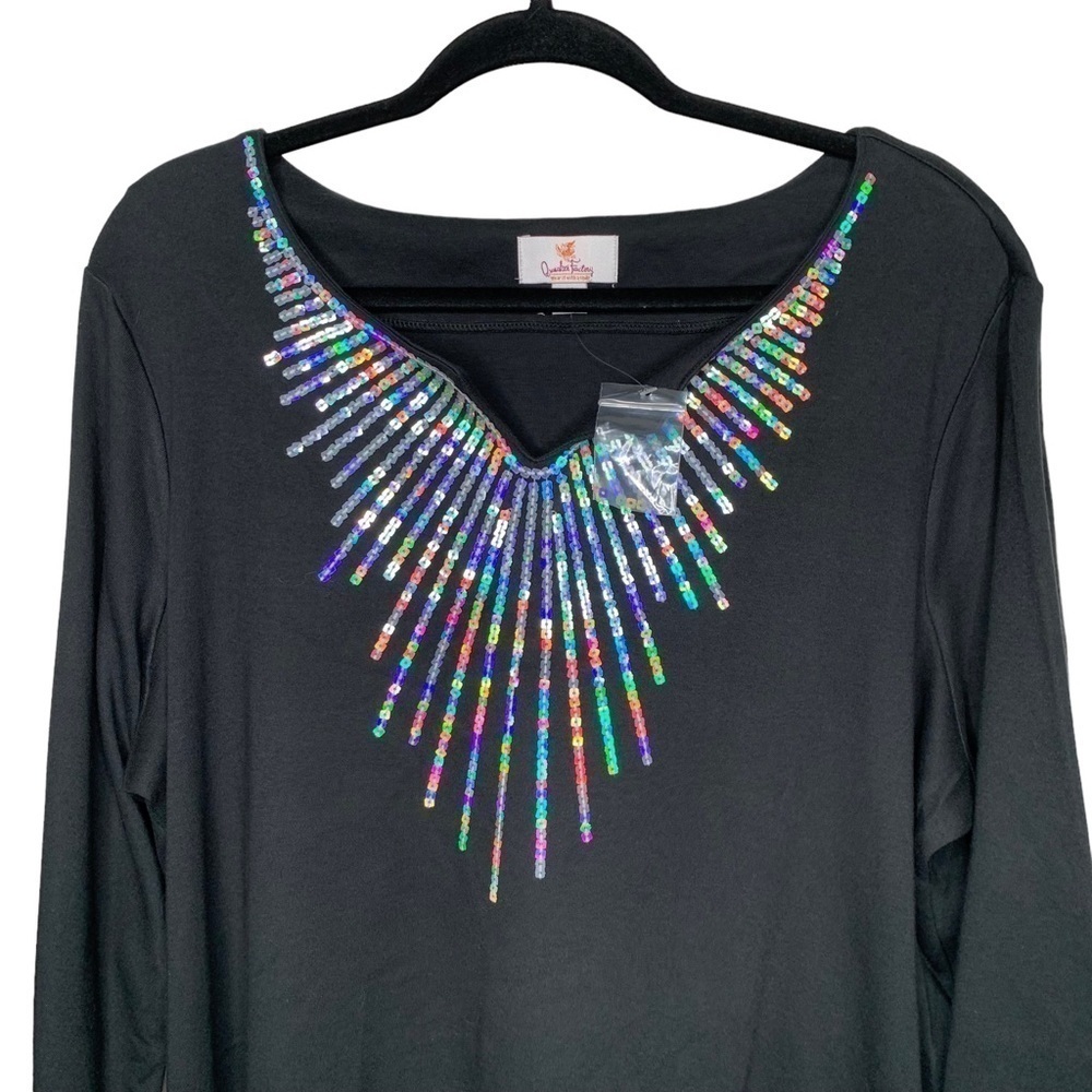 New Quaker Factory Iridescent Sequin Blouse 1X Black 3/4 Sleeve BNWOT - Picture 2 of 5